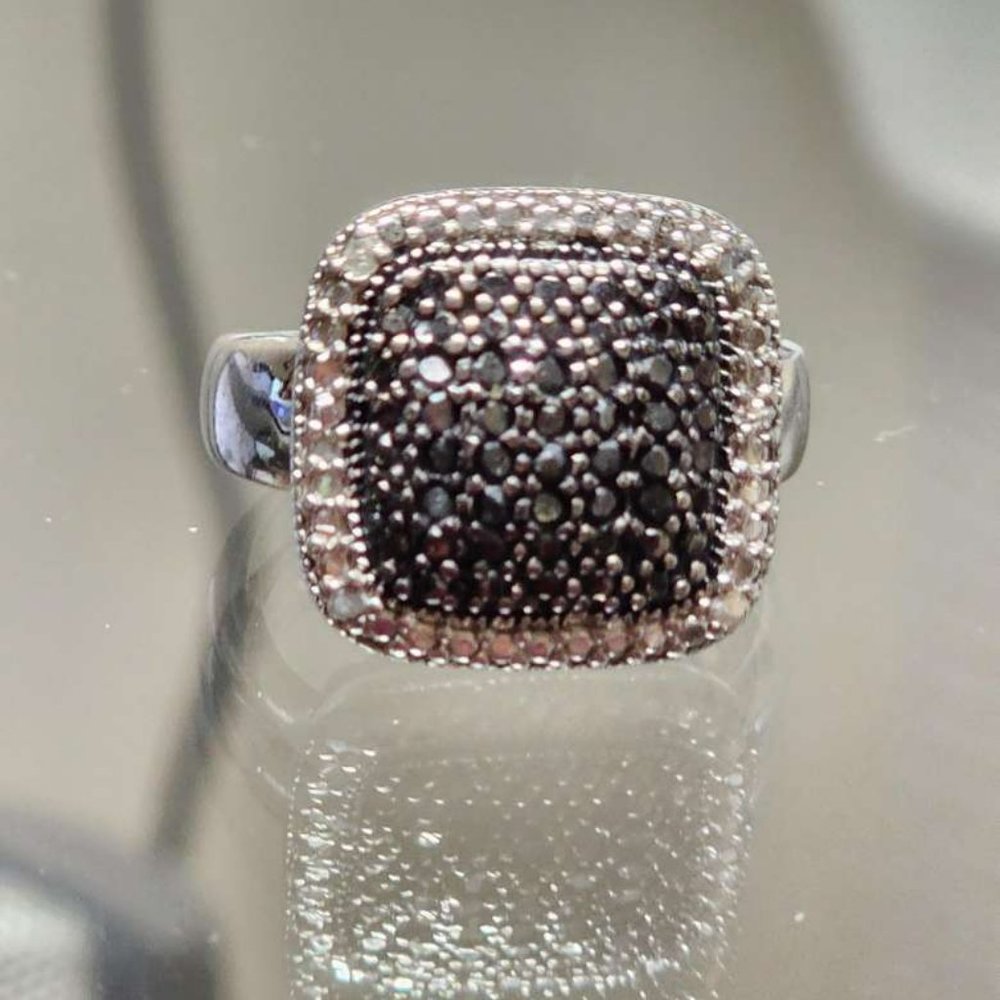 Vintage DBJ black and white diamond square ring, sterling silver